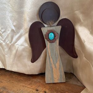 Rustic Casa Tranquila signed Angel Wall Art with Brown and Turquoise Details